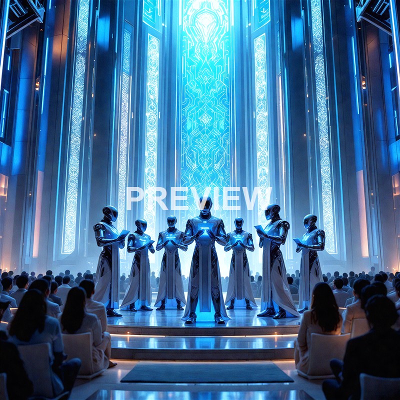 A group of humanoid robots dressed in futuristic attire are standing on a stage inside a large, ornate hall with intricate blue lighting and decorative panels, seemingly performing or presenting to an audience.